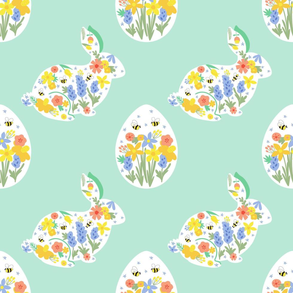 floral Pascua de Resurrección Conejo huevos primavera modelo. floral Pascua de Resurrección conejito modelo. huevos cazar primavera jardín textil diseño. conejito y huevos floral antecedentes en menta color. primavera Pascua de Resurrección vector ilustración.