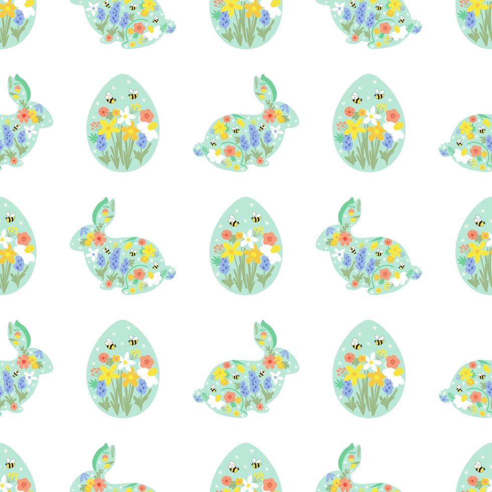 Floral easter rabbit egg pattern. Floral easter bunny pattern. Eggs hunt summer garden textile design. Cute rabbits and eggs floral background. Spring easter wallpaper, print vector illustration.