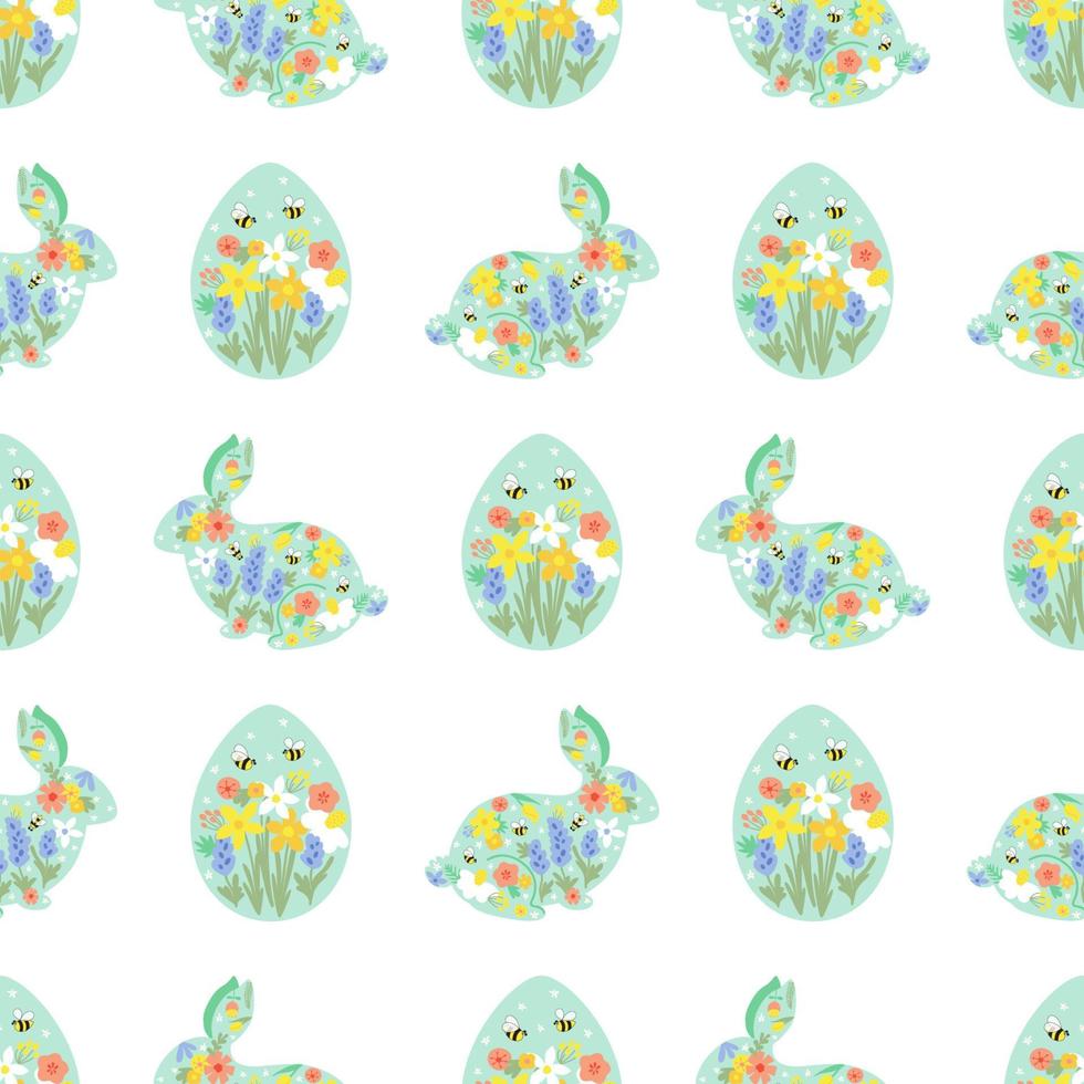 Floral easter rabbit egg pattern. Floral easter bunny pattern. Eggs hunt summer garden textile design. Cute rabbits and eggs floral background. Spring easter wallpaper, print vector illustration.