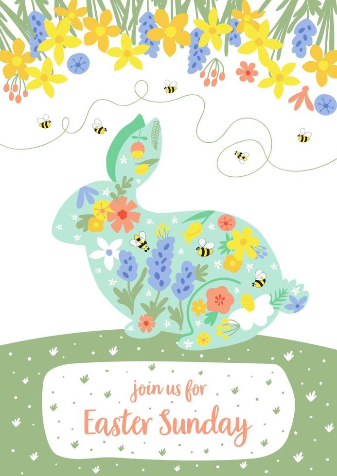 Floral easter poster, floral rabbit bunny. Happy Easter invitation. Floral easter banner. Cute spring vector illustration with hare in cartoon style. Hand drawn rabbit, daffodils, easter background.