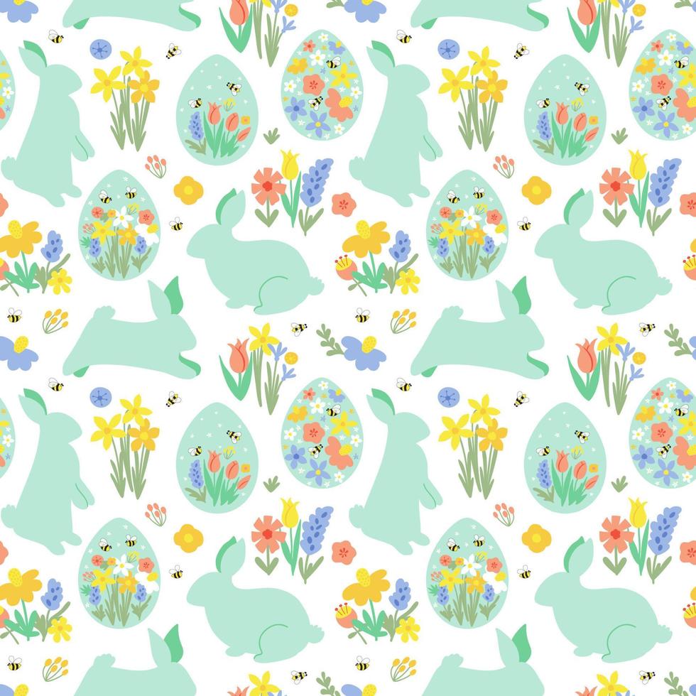 Floral easter rabbit pattern. Floral easter bunny pattern. Eggs hunt summer garden textile design. Cute white rabbits on floral background. Spring easter textile, wallpaper, print vector illustration.