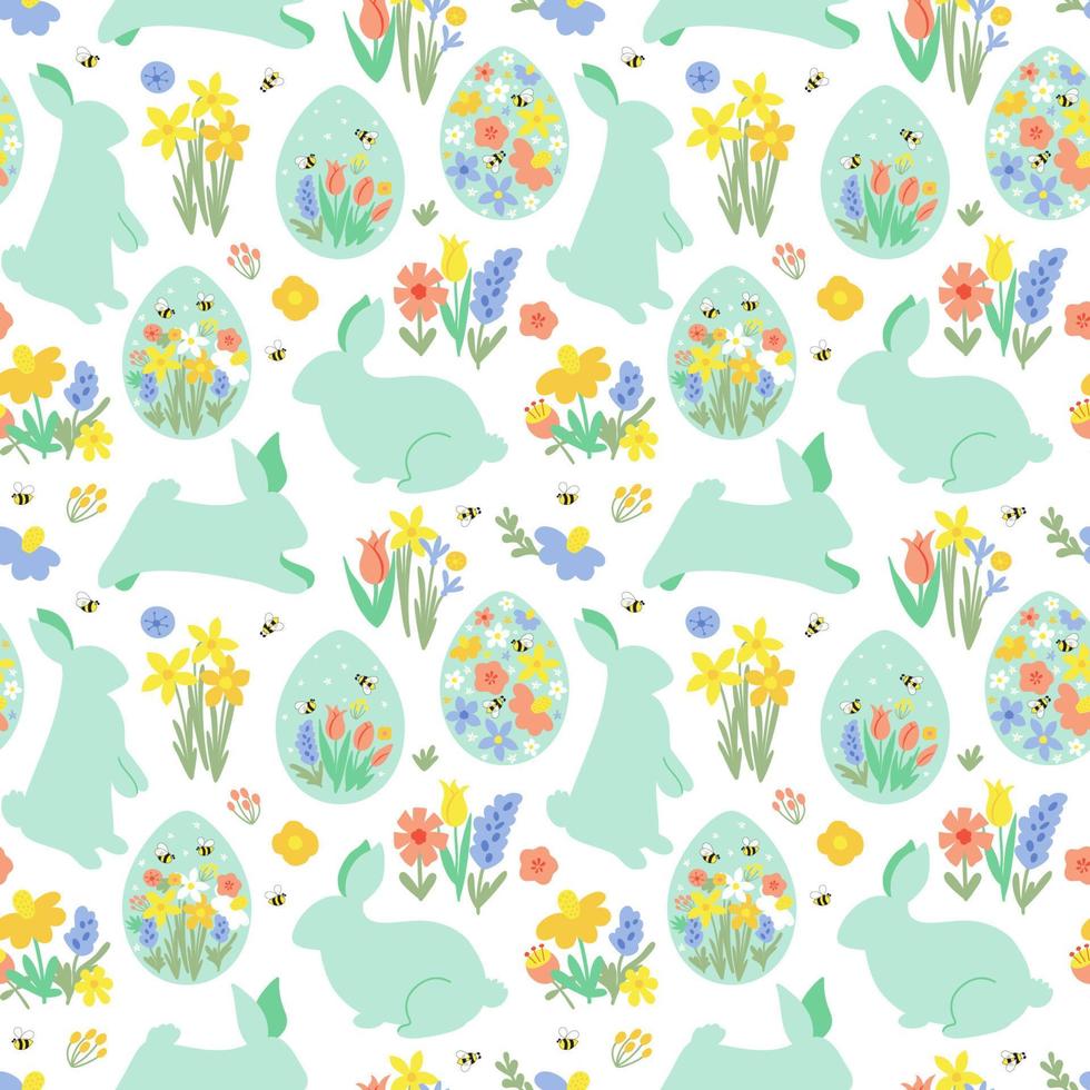 Floral easter rabbit pattern. Floral easter bunny pattern. Eggs hunt summer garden textile design. Cute white rabbits on floral background. Spring easter textile, wallpaper, print vector illustration.