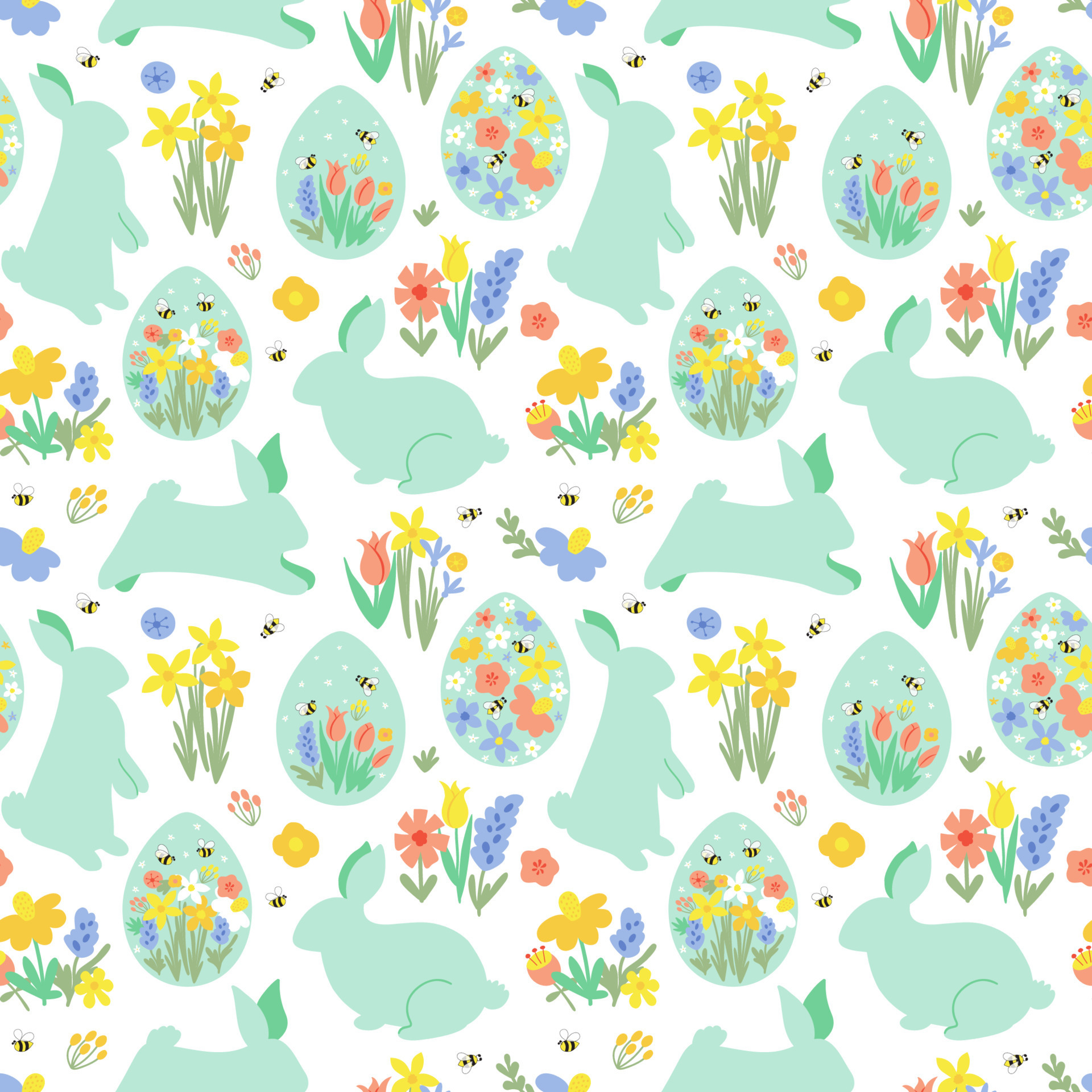 Floral easter rabbit pattern. Floral easter bunny pattern. Eggs hunt