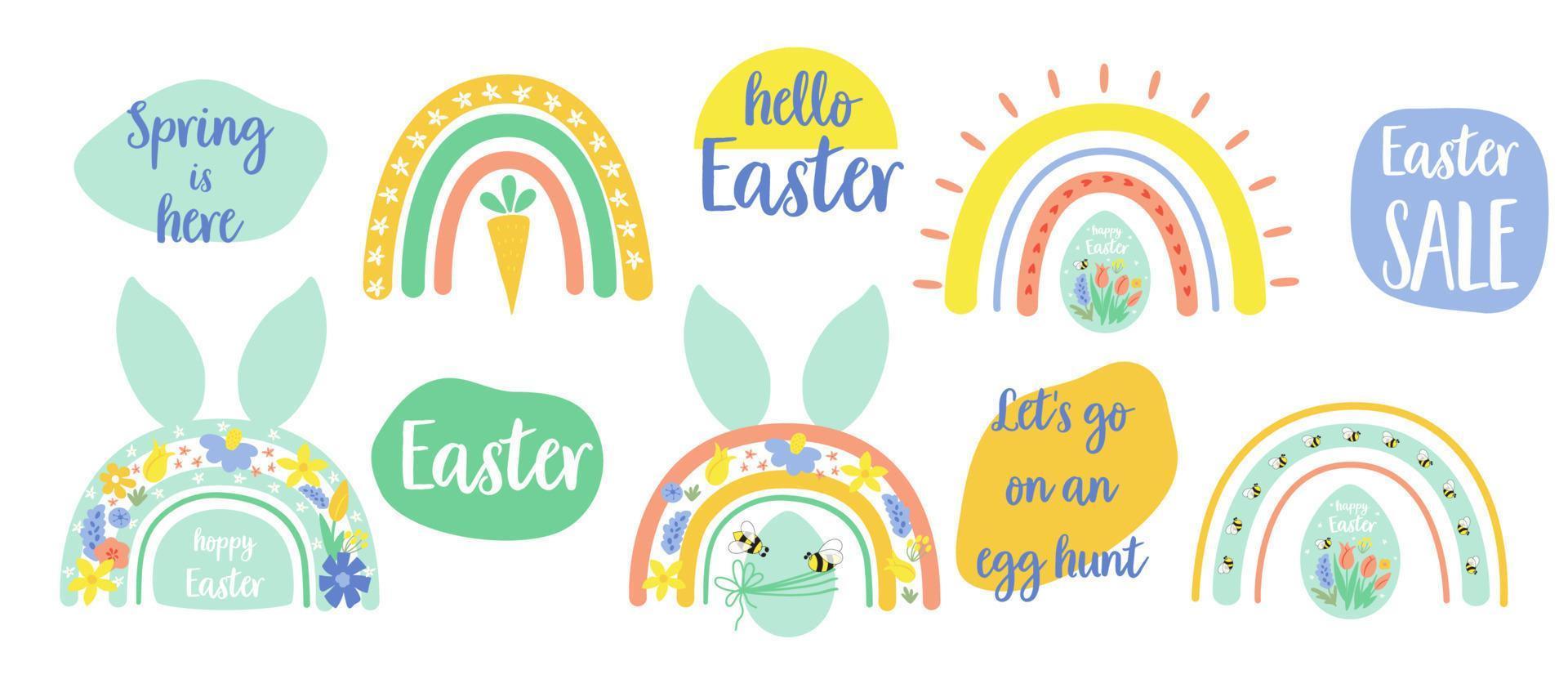 Easter rainbow set. Easter quotes in abstract shapes. Rabbit bunny ears. Spring floral easter graphic design element isolated. Happy Easter text sale hello lets hunt eggs. Cartoon vector illustration.