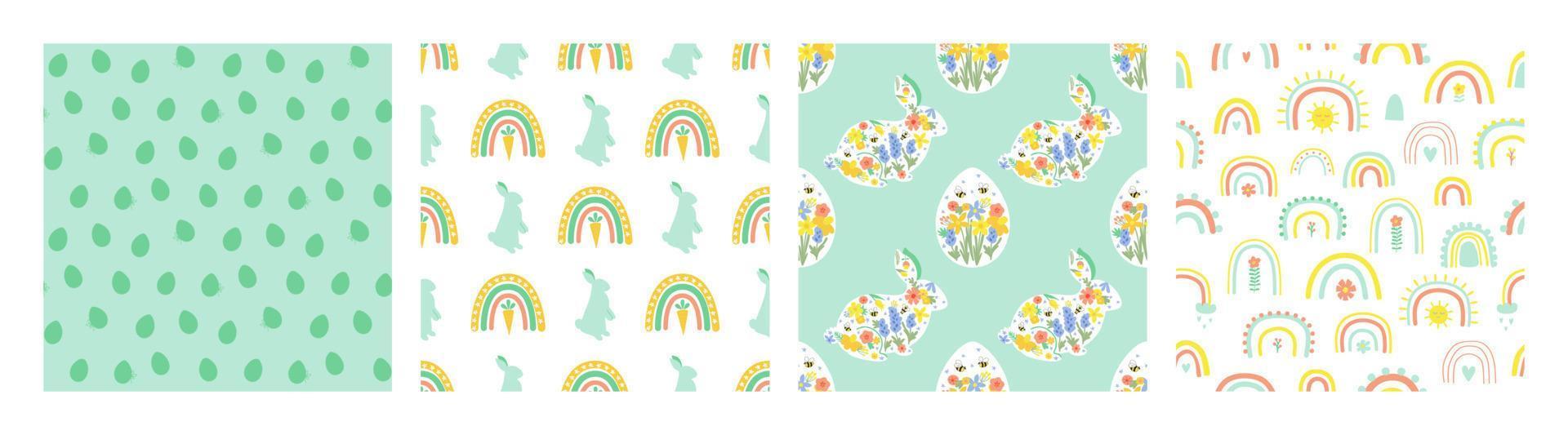 Easter rainbow rabbit bunny shape pattern set. Happy easter eggs print carrot seamless background collection. Spring happy easter wallpaper, package design. Floral cartoon vector illustration.