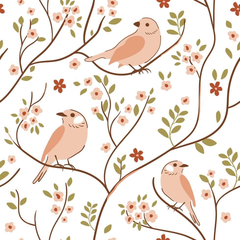 Spring birds pattern with cute beige sparrow on the blossom tree branch. Gentle blooming branches trees and birds. Wildlife silhouette, floral garden ornament. Vector hand drawn illustration.