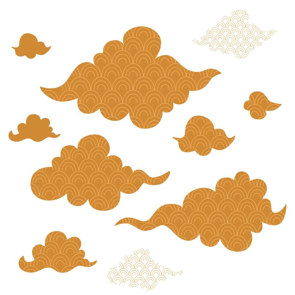 Asian clouds golden pattern. Chinese traditional clouds background, korean decorative seamless print. Japanese sky banner wallpaper gold color Vector illustration. Japanese design paper. Asian ornate.