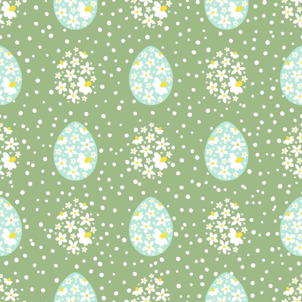 Floral easter eggs seamless pattern. Vector Happy Easter seamless background, spring green print. Lovely hand drawn Easter eggs and flowers illustration, banners, wallpapers, wrapping, textile design.