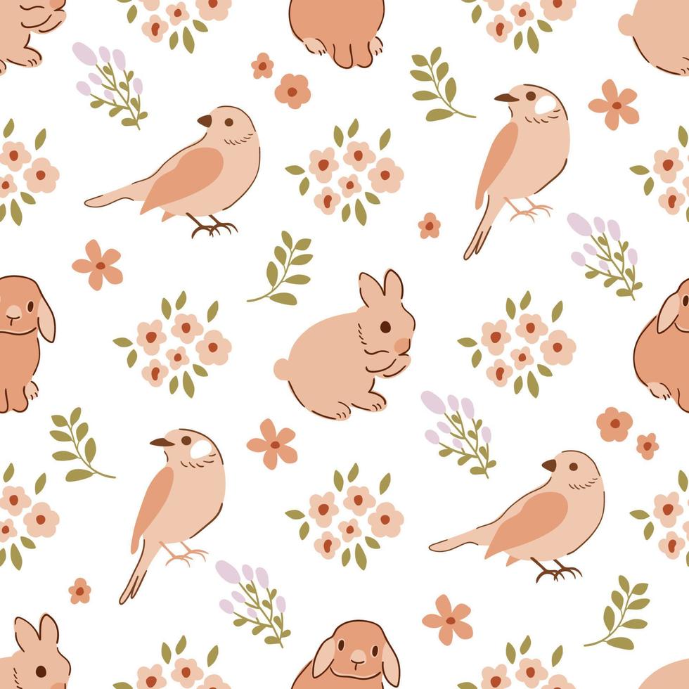 Floral rabbit bunny, birds, tiny flowers seamless pattern. Beige spring floral repeat background. Easter holiday cute cottagecore surface design. Sweet hand drawn bunnies. Native vector illustration