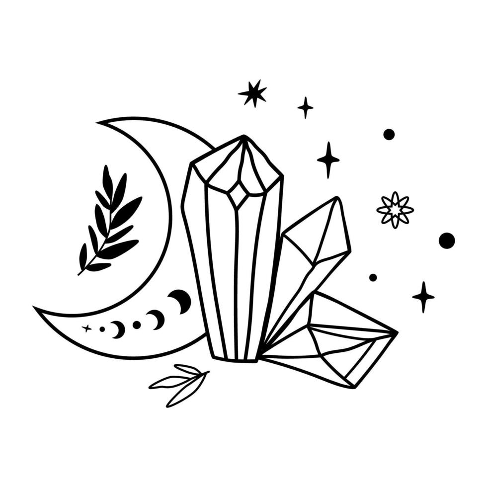 cristal Luna tatuaje dibujo. linda magia celestial cristales, estrellas hojas. místico Luna fase gráfico elemento. contorno astrología cristales místico impresión. mano dibujado Luna aislado vector ilustración.