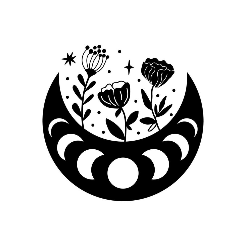 Moon phase flowers. Vector floral moon. Black crescent floral graphic element. Celestial boho drawing illustration. Moon phase and flowers black logo. Astrology moon shape design. Ramadan symbol.
