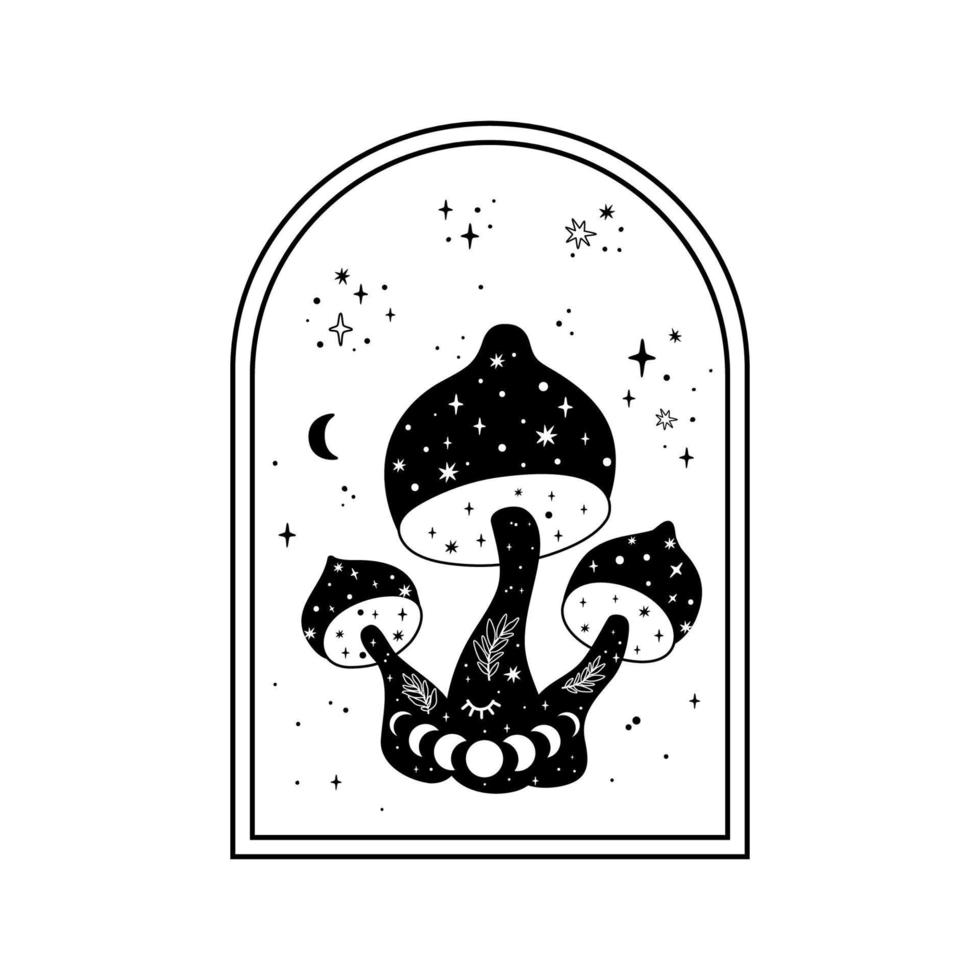 Celestial mushroom print. Mystical boho mushrooms isolated graphic element psychedelic magic line celestial mushroom, moon phase, cute stars, floral witchy esoteric black and white vector illustration