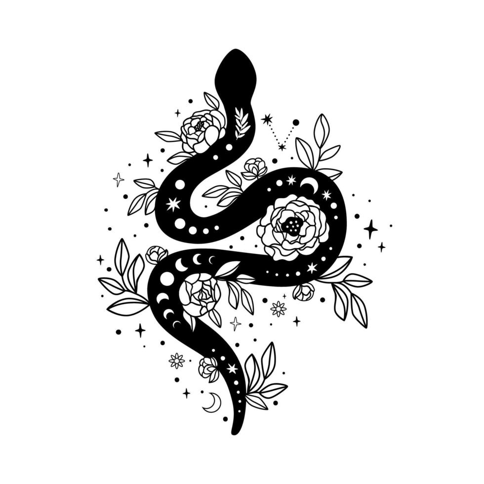 Celestial snake. Celestial serpent. Floral snake, black serpent with flowers. Mystic animal, moon floral serpent, witch mystical graphic element. Spiritual vector illustration. Cute Halloween snake.