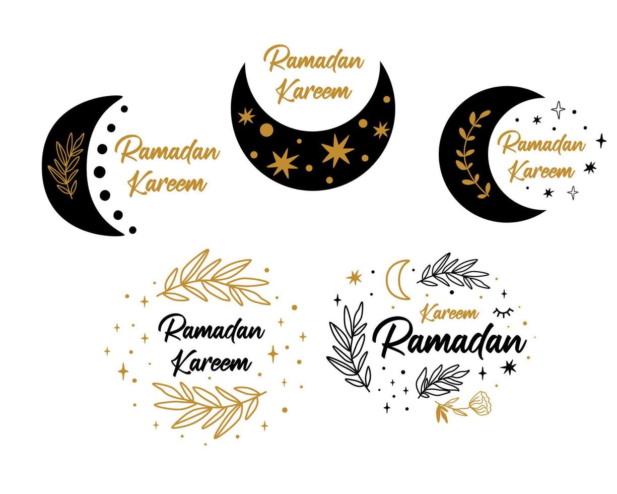 Ramadan Kareem symbols set. Crescent floral banners collection. Celestial crescent, star, flower branch isolated graphic element. Moon islamic trendy design. Gold muslim vector illustration. Arabic.