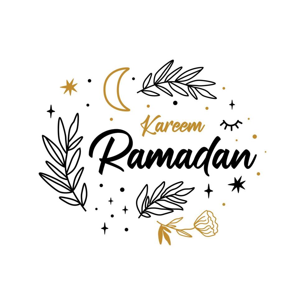 Ramadan Kareem floral banner. crescent, star, flower branch isolated graphic element. Celestial islamic letering design. Symbol for Ramadan Kareem. Gold muslim vector illustration. Arabic holiday.