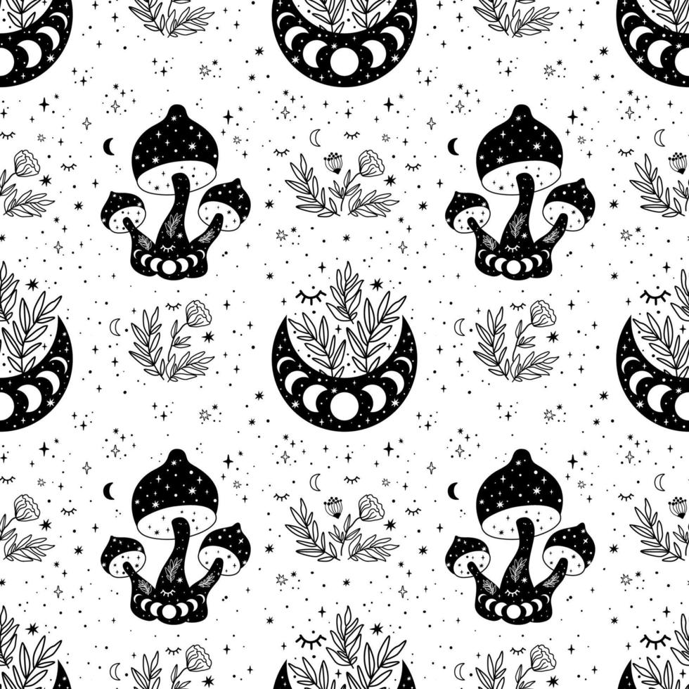 Celestial mushroom pattern Mystical boho mushrooms seamless background Celestial moon phase graphic print. Witchcraft printable paper, magic line celestial mushroom black and white vector illustration