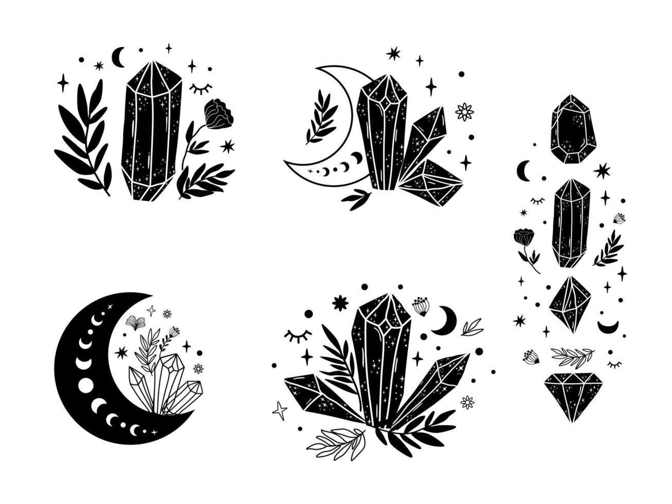 Magical stone set, moon, floral magic crystal shape. Spiritual stone  collection. Celestial graphic elements isolated. Stars, crescent. Black  magical stone. Spiritual minerals. Vector illustration. 21231265 Vector Art  at Vecteezy