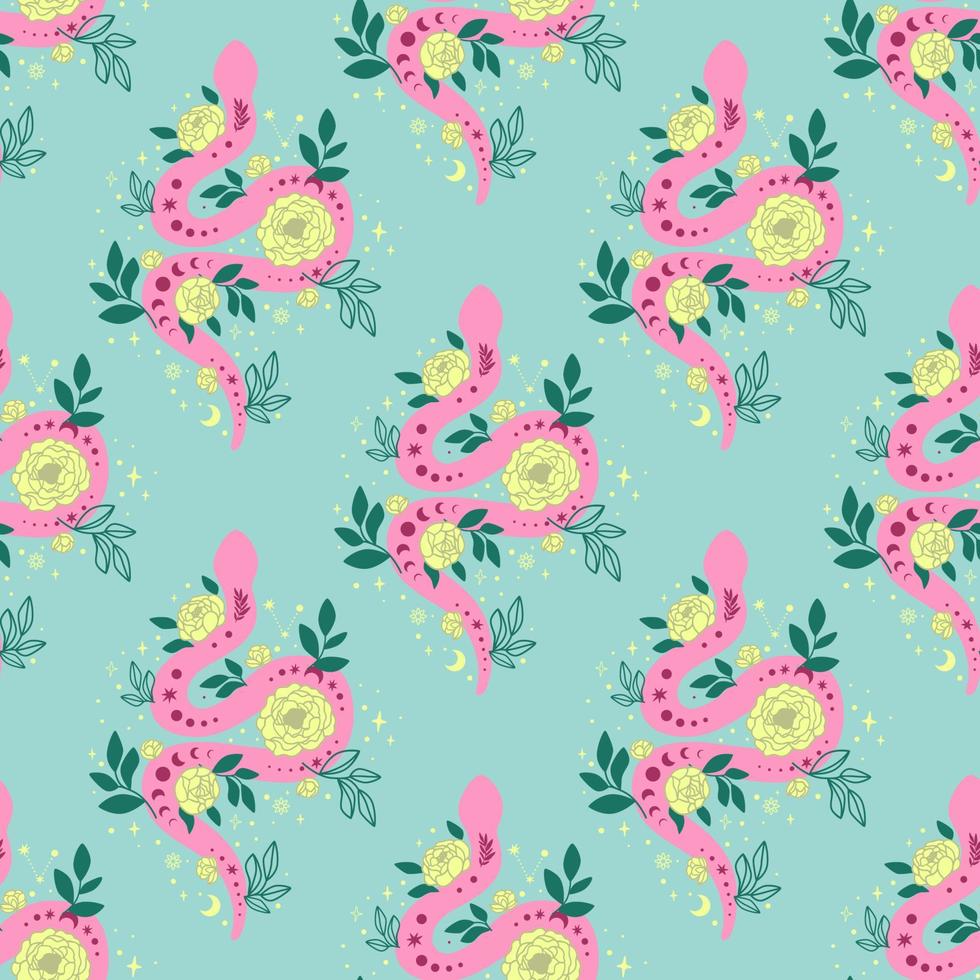 Floral snake seamplles pattern. Celestial snake background. Pink decorative serpent, star flower rose botanical print. Vector illustration. Spiritual snake print wallpaper, card. Wild reptile design.