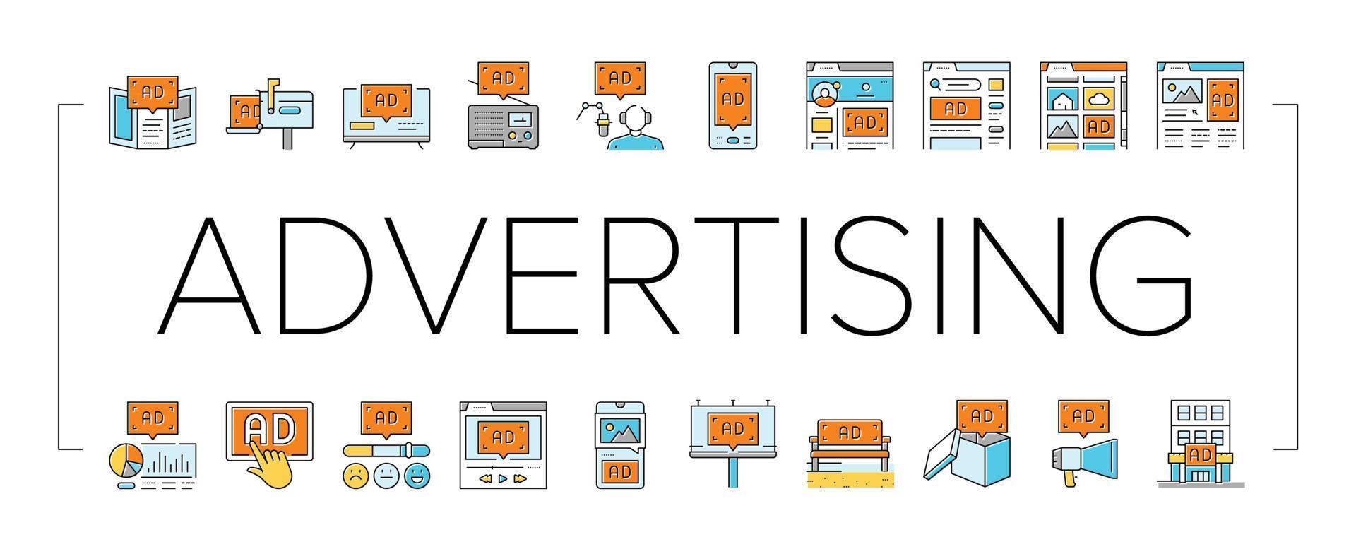 advertising media business icons set vector