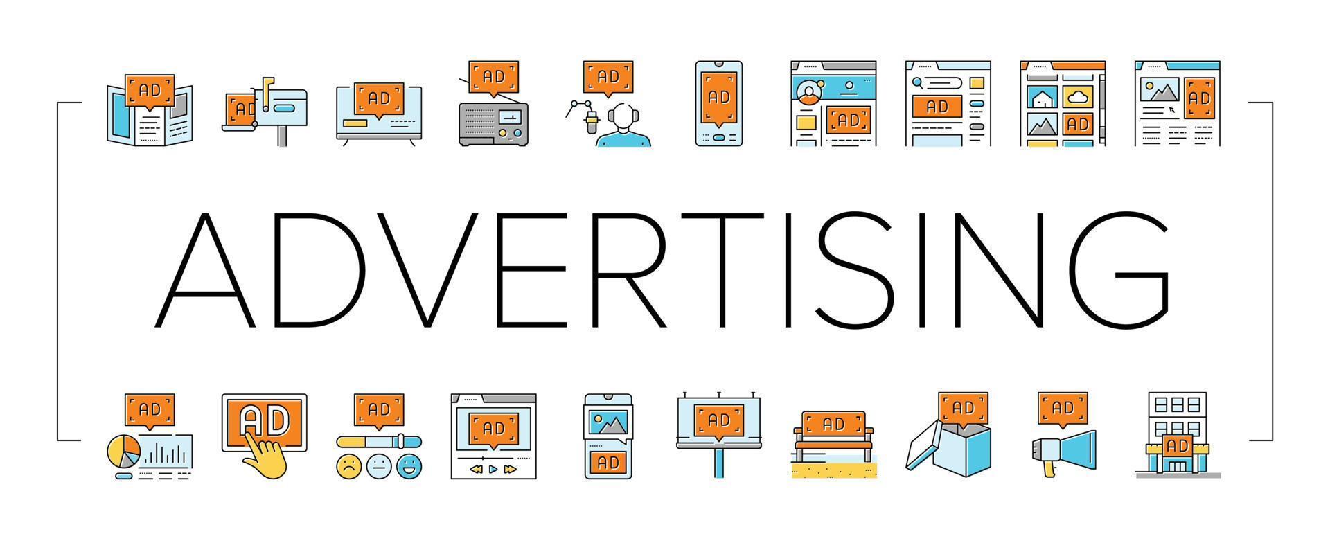 advertising media business icons set vector