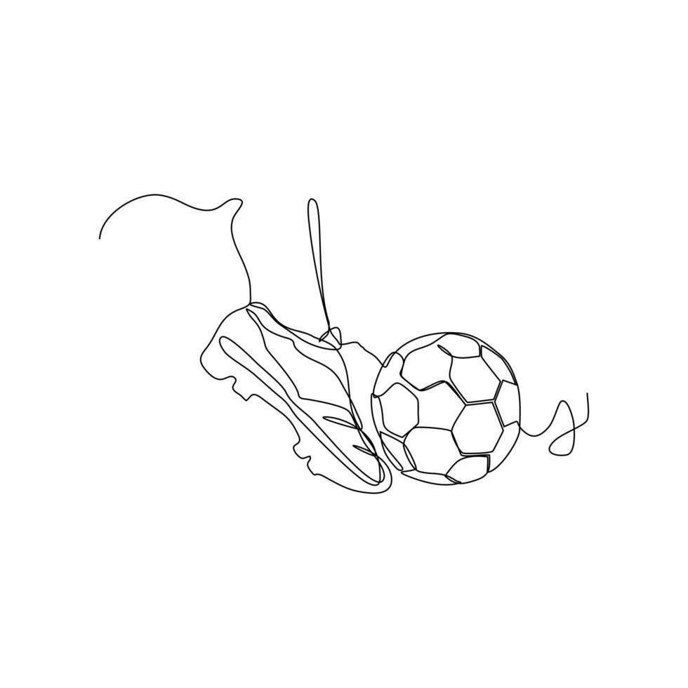 continuo línea Arte de pie pateando pelota en blanco antecedentes vector
