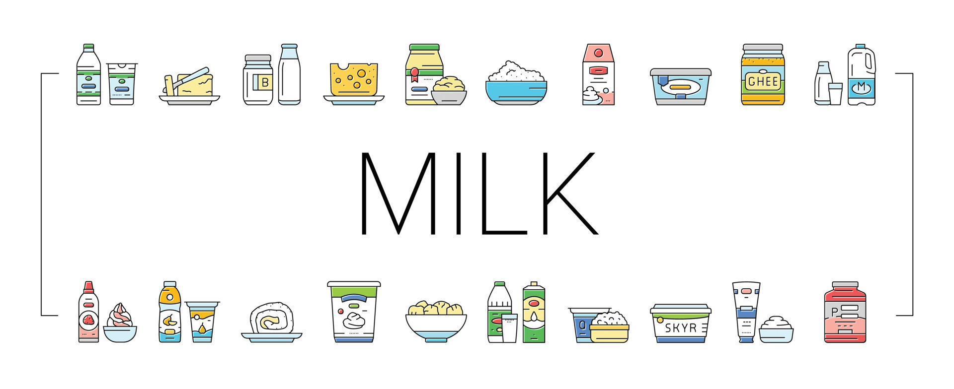 milk product dairy drink fresh icons set vector