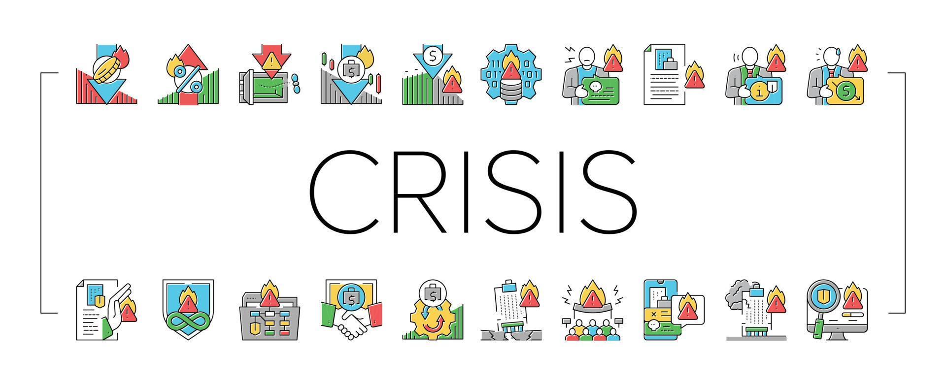 crisis management risk strategy icons set vector