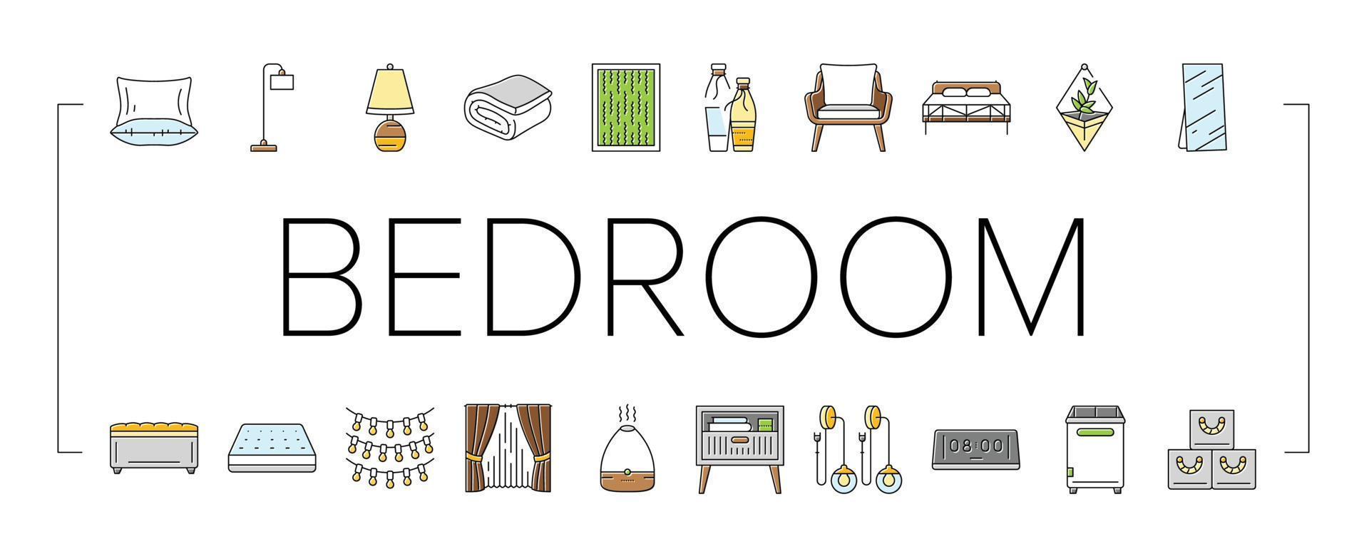 bedroom room interior bed icons set vector
