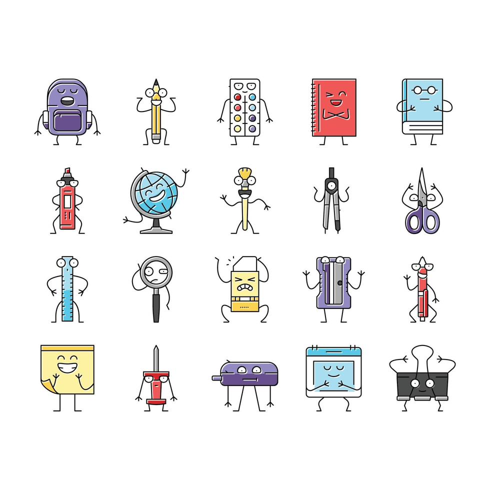 stationery character school icons set vector