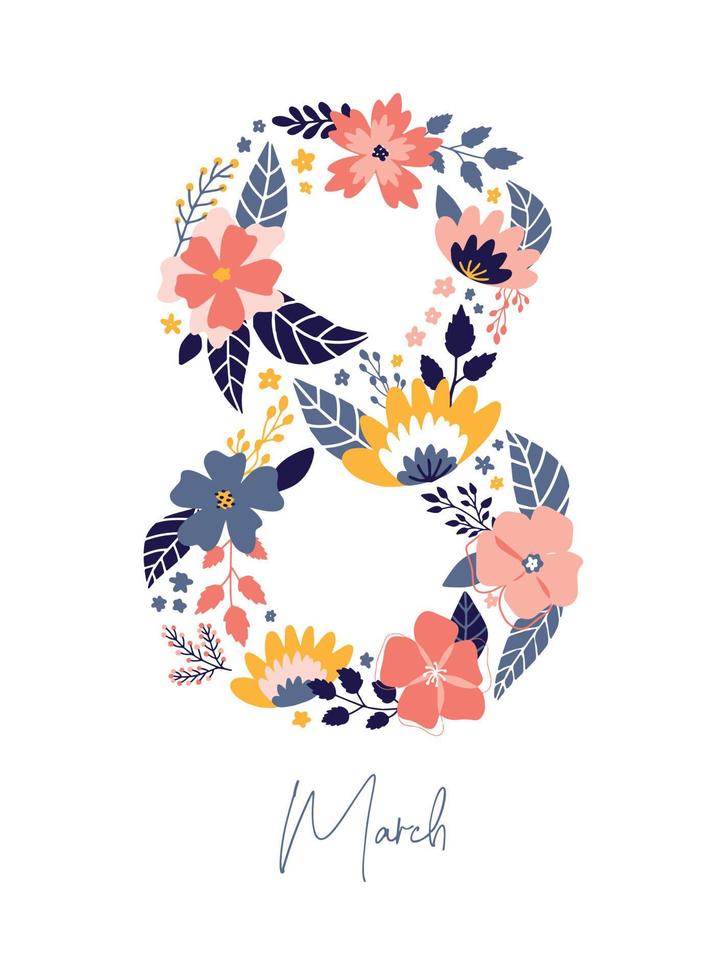 International Women's day 8 March greeting card, poster, invitation, banner decorated with flowers and leaves. EPS 10 vector