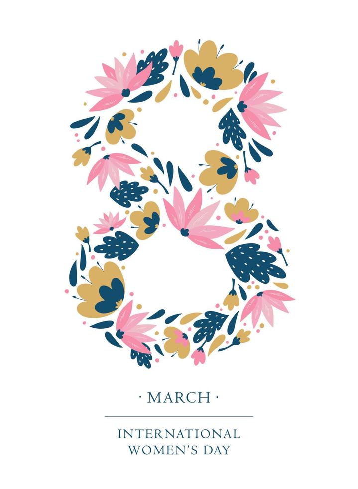 8 March International Women's day greeting card, poster, print, invitation decorated with floral number 8 and text. EPS 10 vector