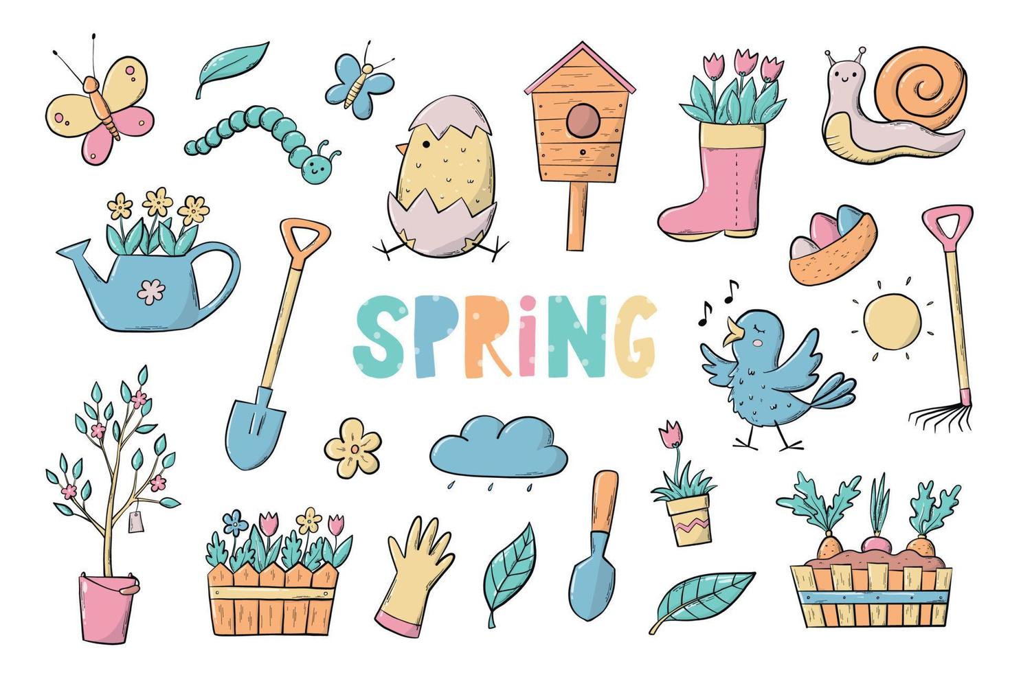 Spring clip art, nursery doodles, stickers, prints, cartoon elements. EPS 10 vector