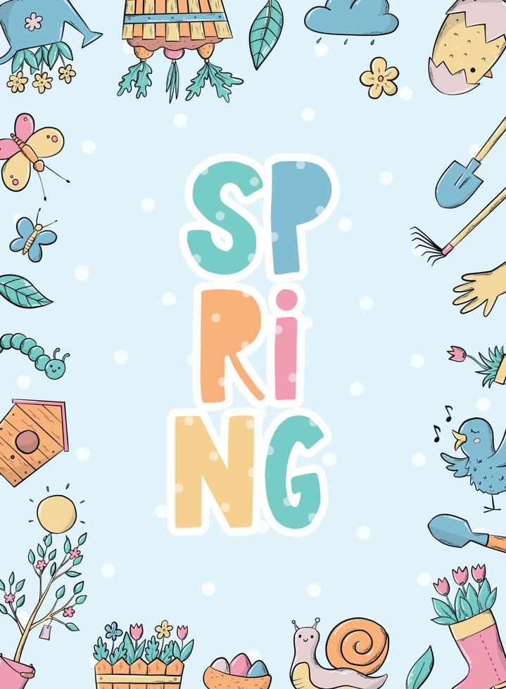 Spring greeting card, poster, print, template decorated with lettering quote and frame of dodoles on blue background. EPS 10 vector