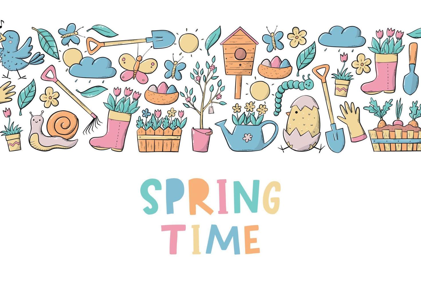 Spring time banner, print, poster, template, card decorated with quote and horizontal border of doodles. EPS 10 vector
