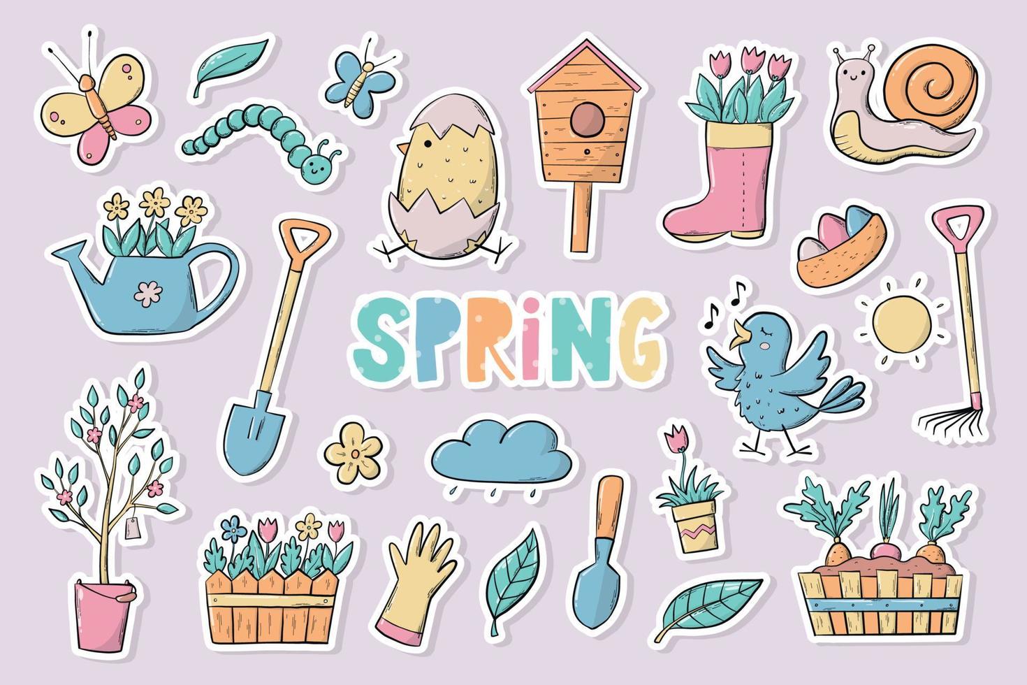 set of 25 Spring pre made stickers with white edge, good for planners, prints, cards, sublimation, scrapbooking, stationary, etc. EPS 10 vector
