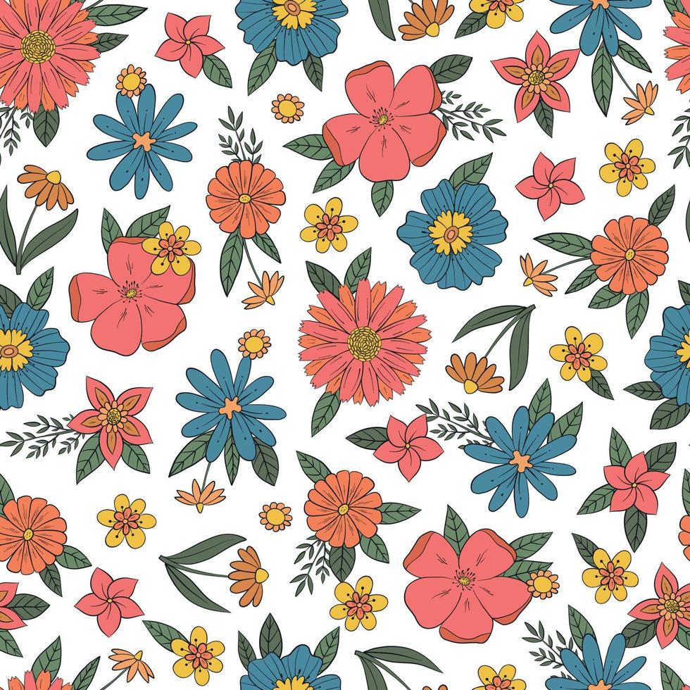 vintage floral seamless pattern with hand drawn groovy elements on white background. 70s textile print, fashion, wallpaper, scrapbooking, stationary, bedding, etc. EPS 10 vector