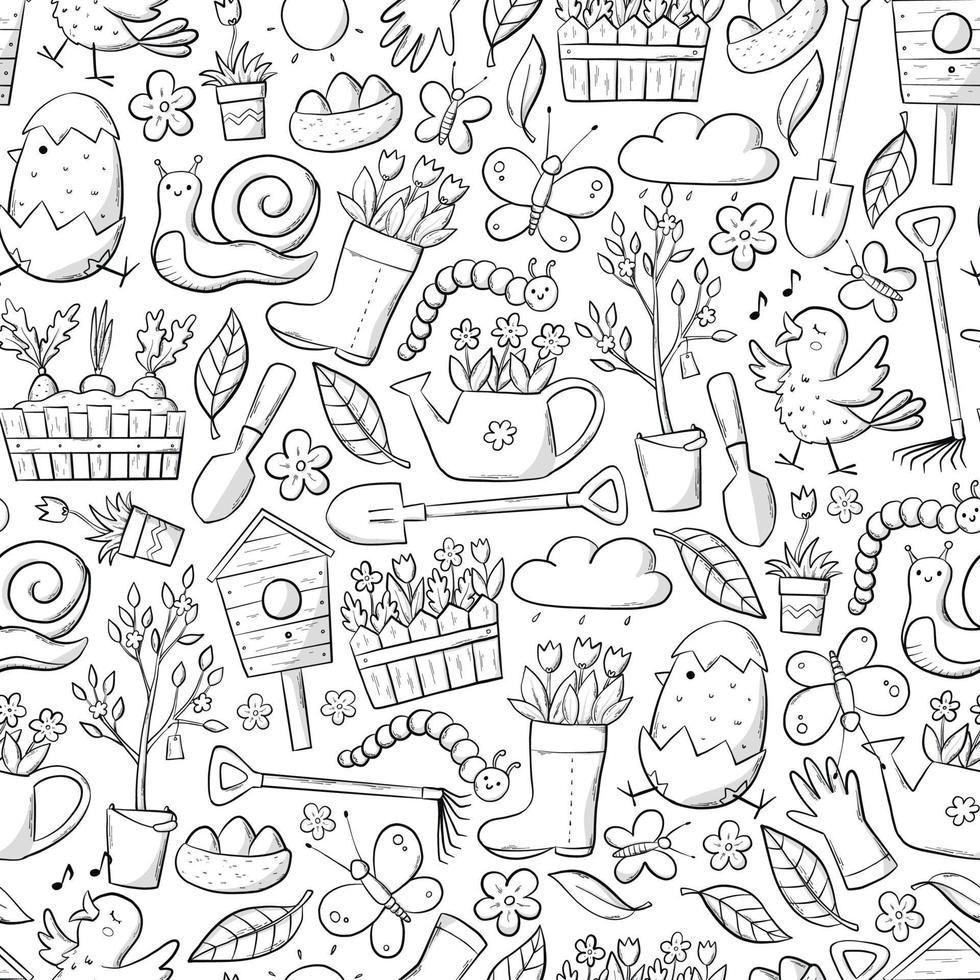 Spring and Easter monochrome seamless pattern with hand drawn doodles for kids coloring books, prints, wallpaper, wrapping paper, scrapbooking, stationary, activities, etc. EPS 10 vector