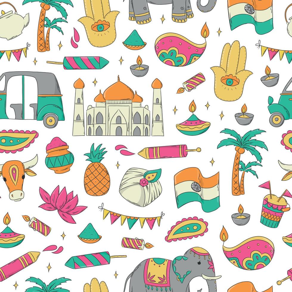 India eamless pattern with hand drawn doodles, cartoon elements. Good for wrapping paper, scrapbooking, textile prints, wallpaper, stationary, etc. EPS 10 vector