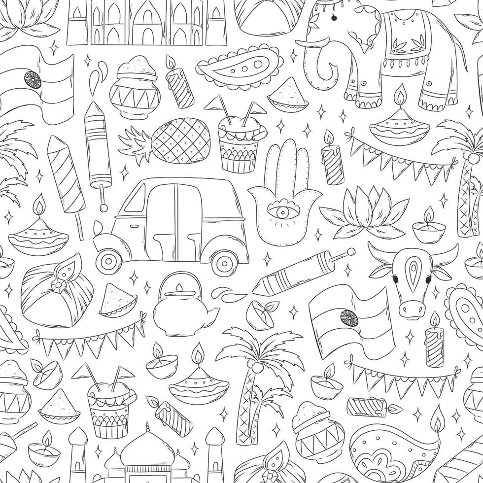 India seamless pattern with doodles. Holi, diwali, independence day theme. Wrapping paper, scrapbooking, wallpaper, kids coloring pages, textile prints. etc. EPS 10 vector