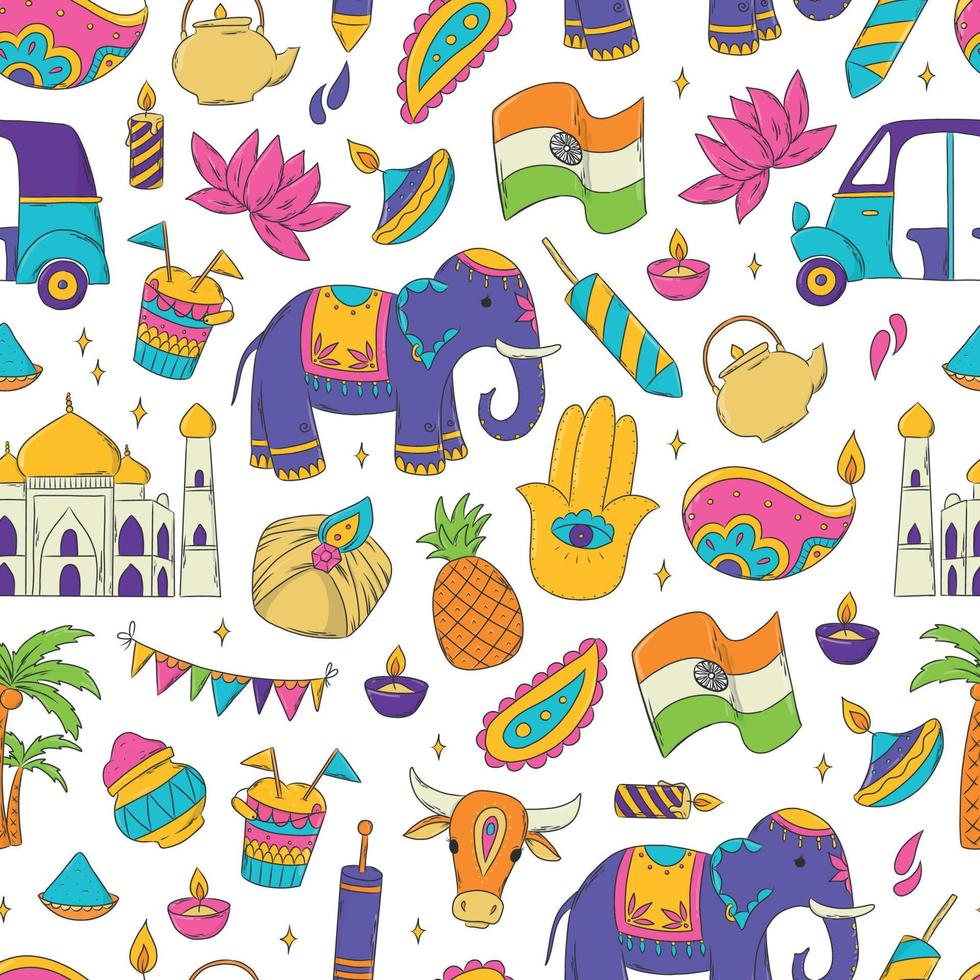 holi and diwali seamless pattern with doodles, cartoon elements. Good for wallpaper, wrapping paper, backgrounds, textile prints, scrapbooking, stationary, etc. EPS 10 vector