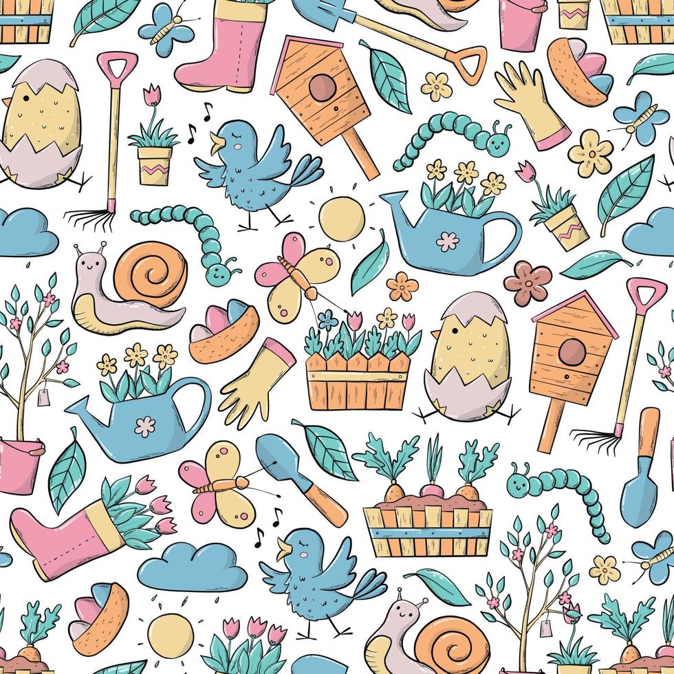 Spring seamless pattern with hand drawn doodles, cartoon elements. Good for nursery textile prints, wallpaper, scrapbooking, wrapping paper, backgrounds, etc. EPS 10 vector