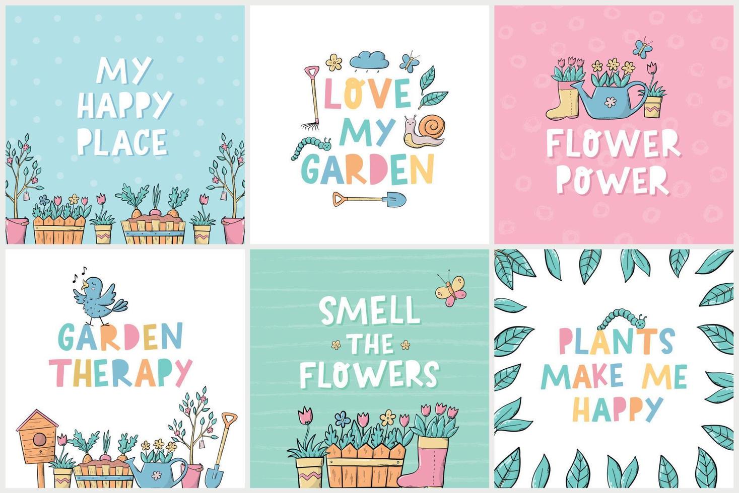 Set of spring and gardening greeting cards, posters, prints, invitations, templates, banners decorated with doodles and lettering quotes. EPS 10 vector