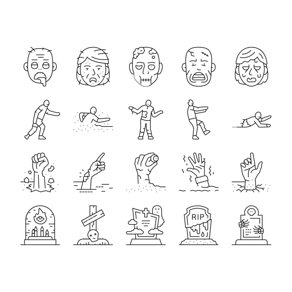 zombie horror scary dead evil icons set vector