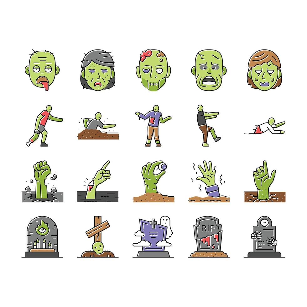 zombie horror scary dead evil icons set vector