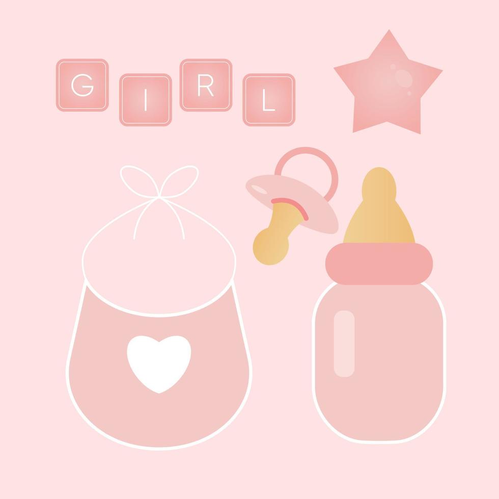 Baby shower banner with bottle, nipple, bib and text Girl on pink background. It s a girl. vector