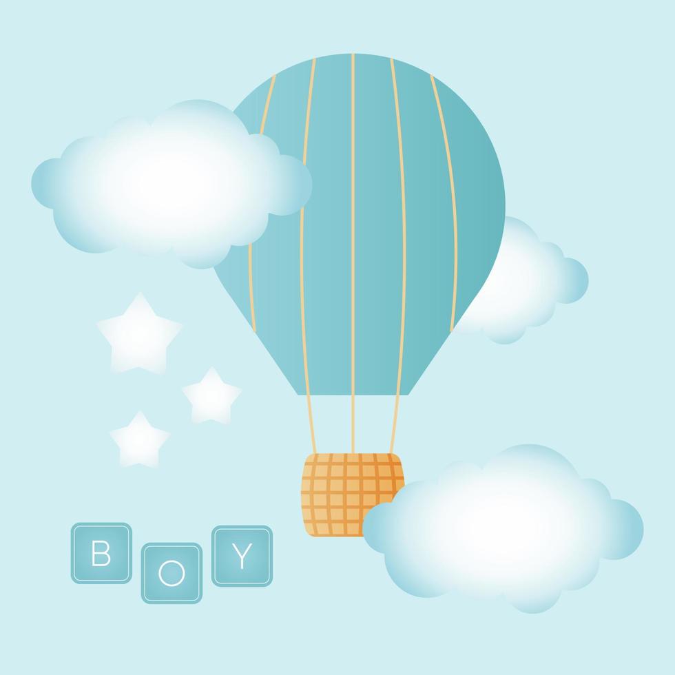Baby shower banner with air balloonand clouds on blue background. It s a boy. vector