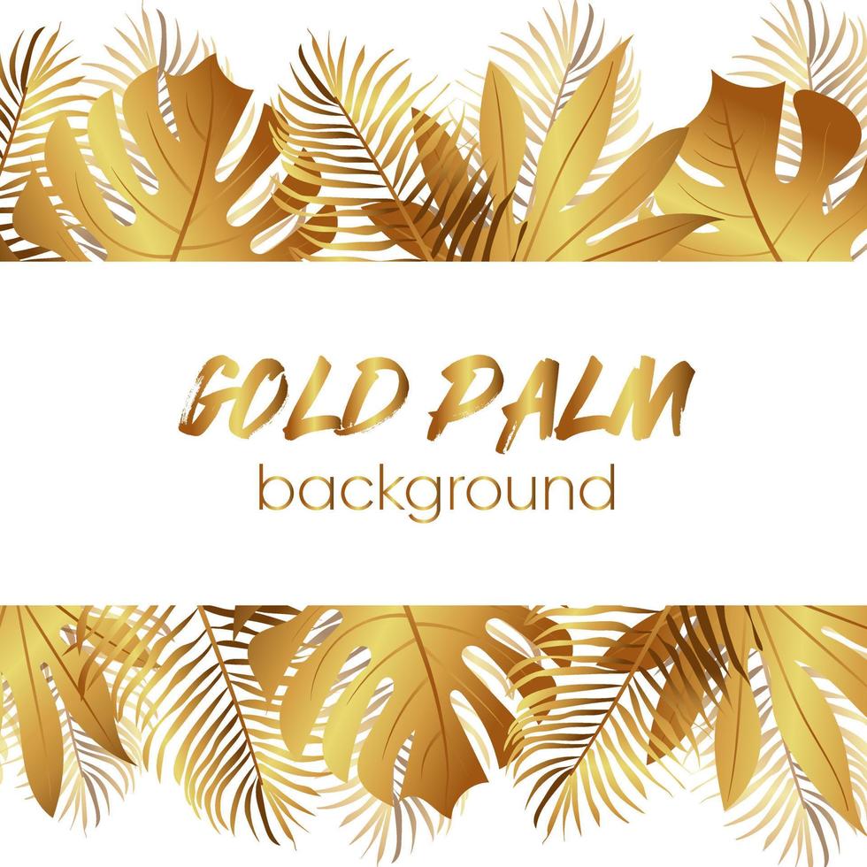Tropical golden leaves on white background. Border frame with vector leaves