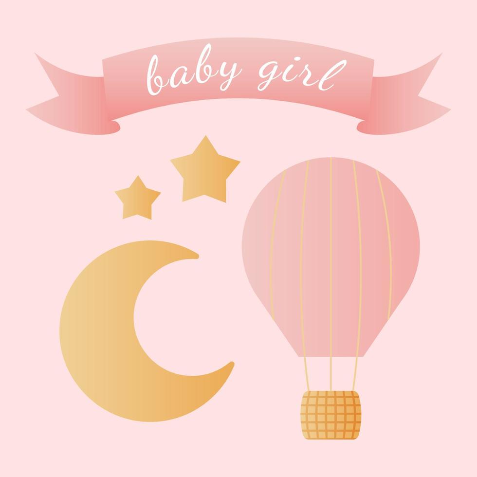 Baby shower banner with balloon, moon, star and text Baby Girl on pink background. It s a girl. vector