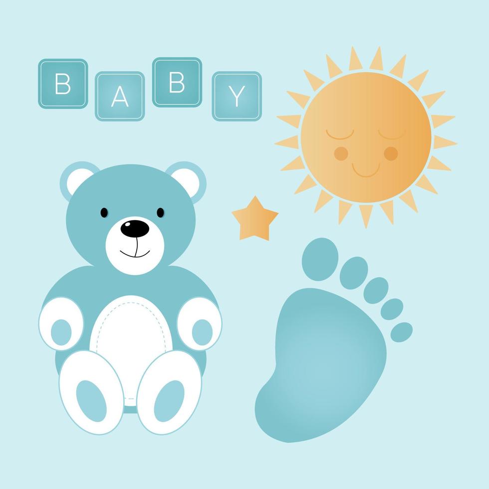 Baby shower banner with blue bear foot and sun on blue background. It s a boy. vector