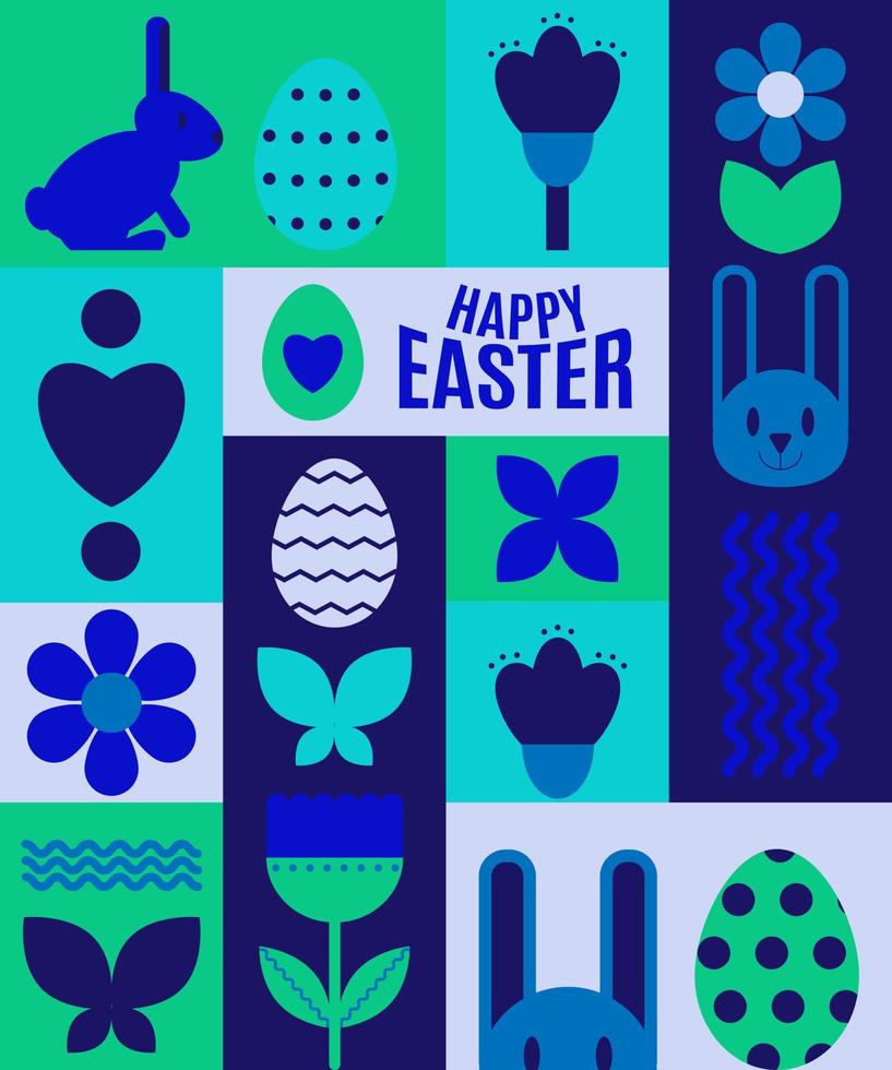 Happy Easter. Patterns. Modern geometric abstract style. Easter eggs, rabbit., flowers. vector